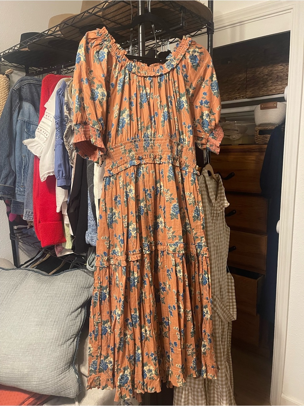 Ivy City Co Elena Floral Smocked Waist Midi Dress in Peach with Blue Blooms - Picture 3 of 4